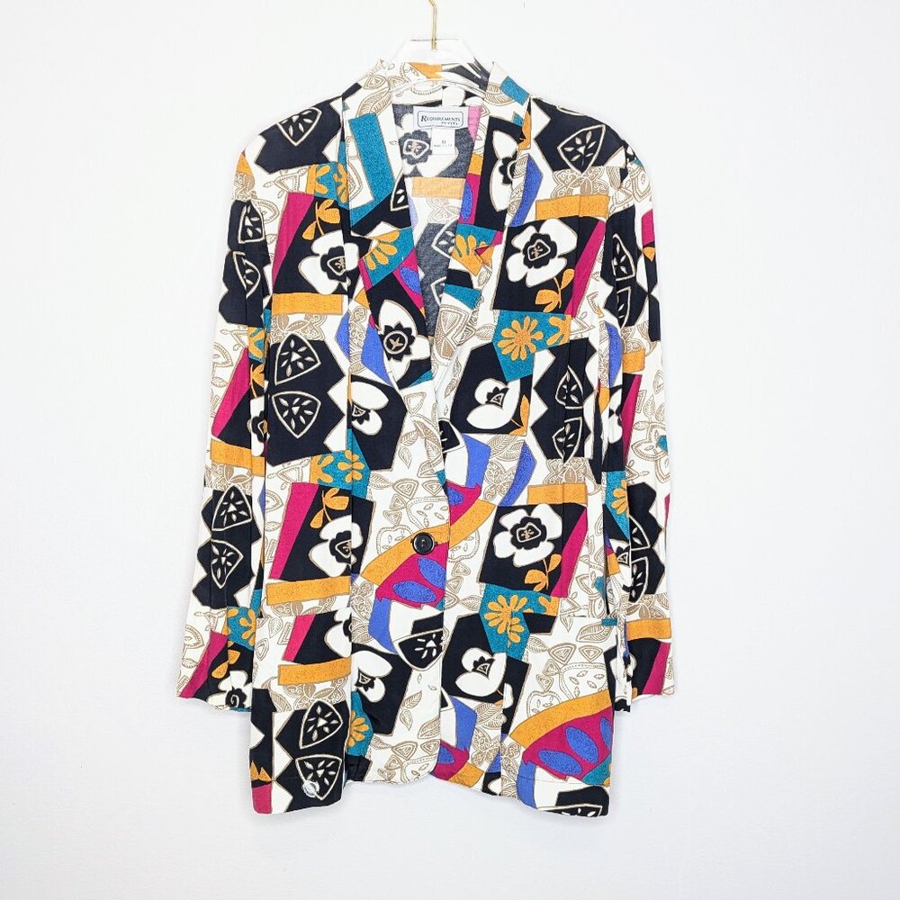 Vintage 80's Bright Geometric Pop Art Pattern Blazer Long Sleeve Pockets Floral